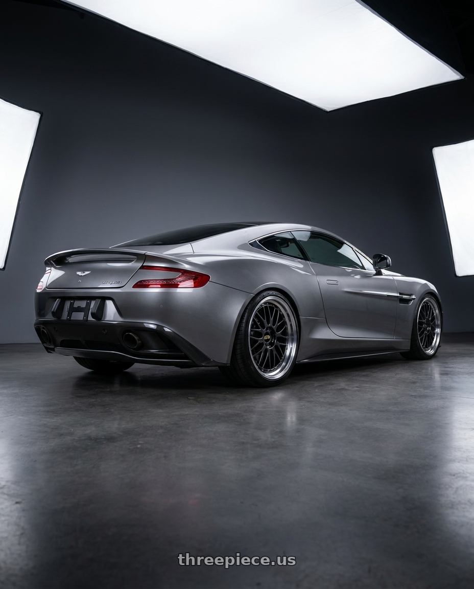 2014 Aston Martin Vanquish with BBS LM 5x114.3 17x7.5+38 Diamond Black wheels rear three quarter view square tires