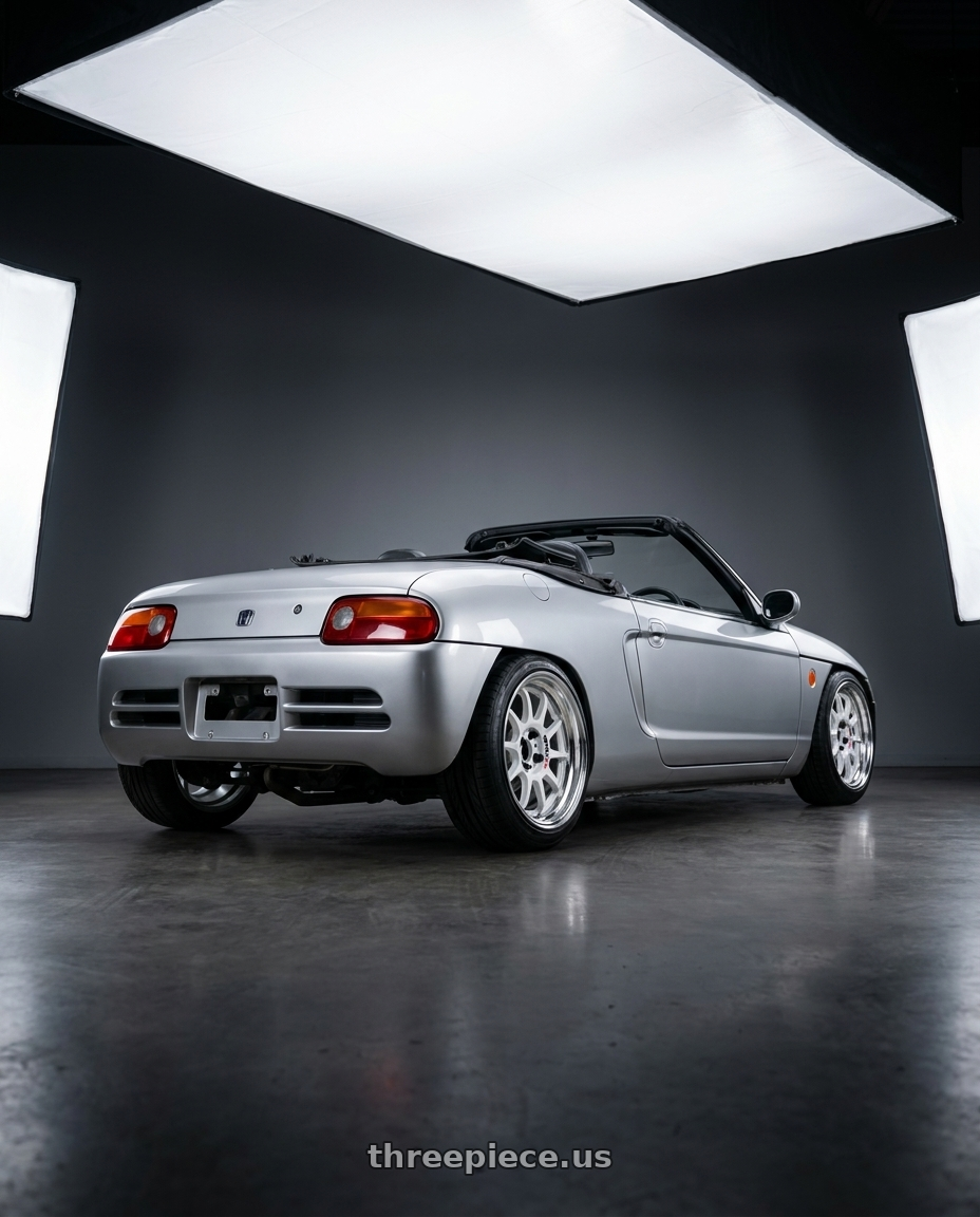 1992 Honda Beat PP1 Silver with Work Emotion Rs11 2p 4x100 15x7 38 white wheels rear three quarter view slight stretch tires