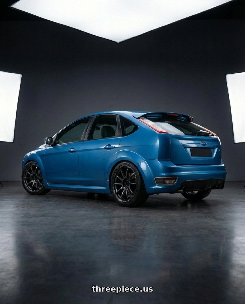 Ford focus st 2009 Santorini blue  with Advan Racing RZ-DF2 5x112 20x11.0 +35 RACING TITANIUM BLACK wheels rear three quarter view square tires