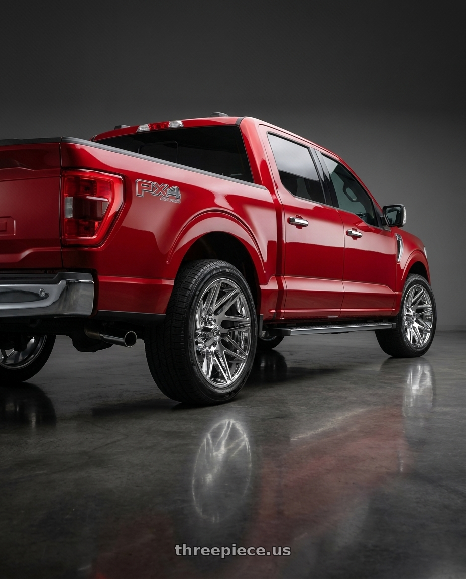 2025 ford f150 XLT supercrew with Gear Off Road 777C 6X135 22x10 -19 Chrome Plated wheels rear three quarter view square tires