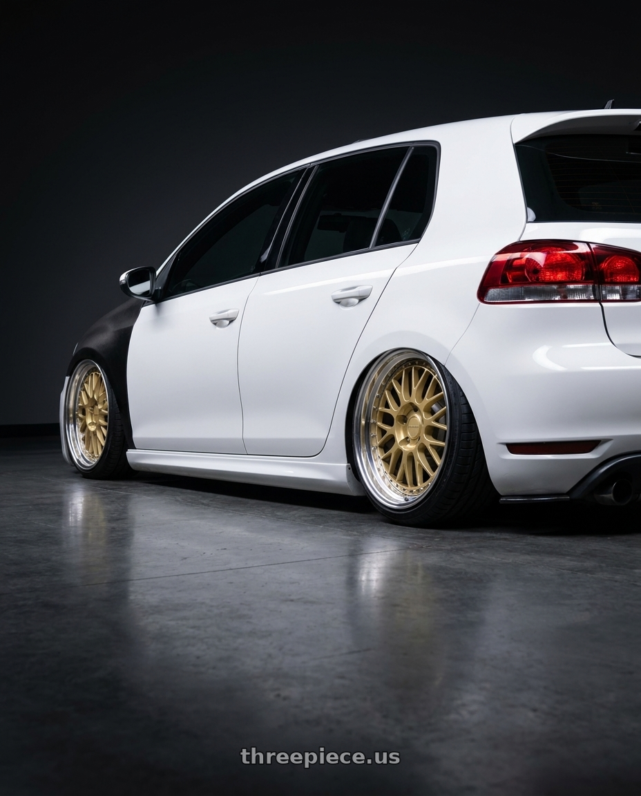 2013 Volkswagen Gti with Work Brombacher Mesh wheels rear three quarter view slight stretch tires