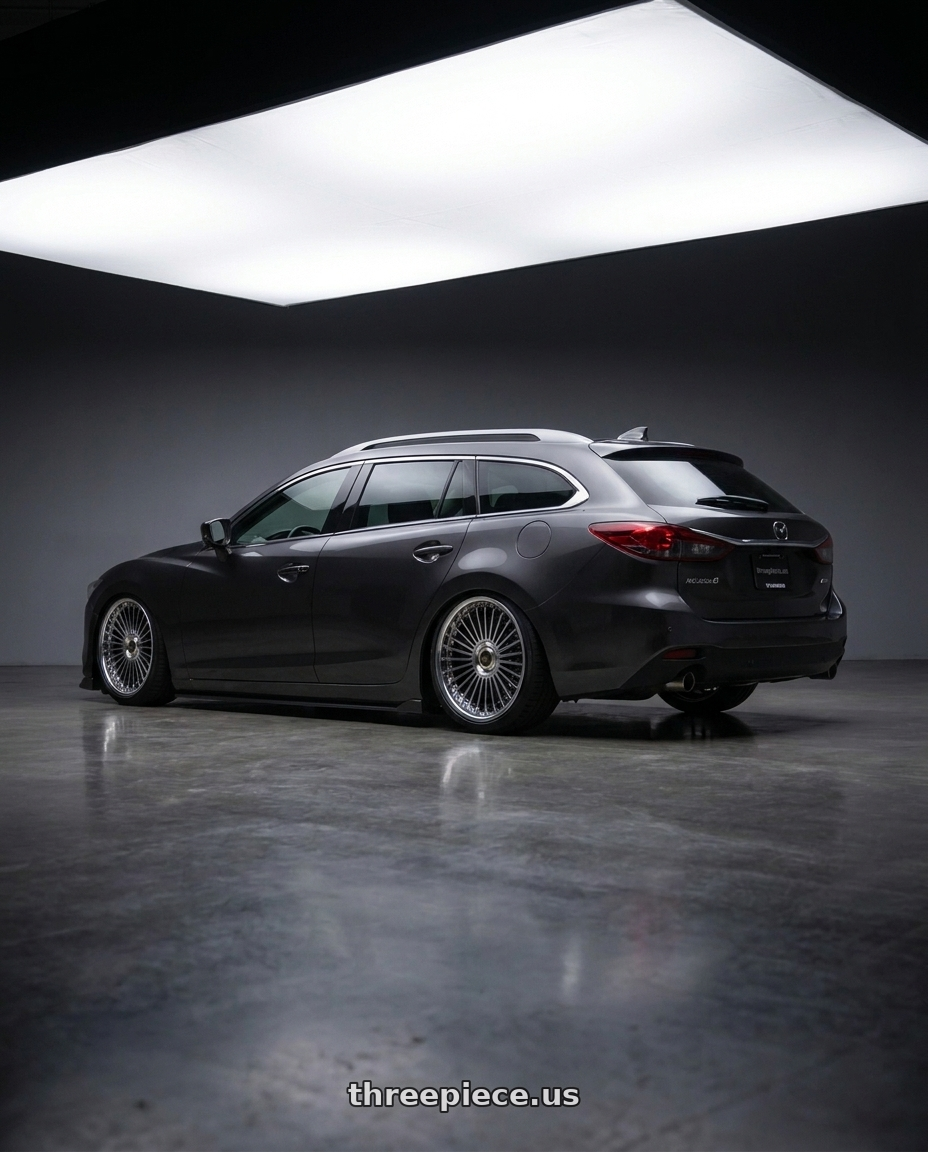 2019 Mazda 6 wagon with Work Emitz Black Polish 5x114.3 19x8.0 +38 wheels rear three quarter view square tires