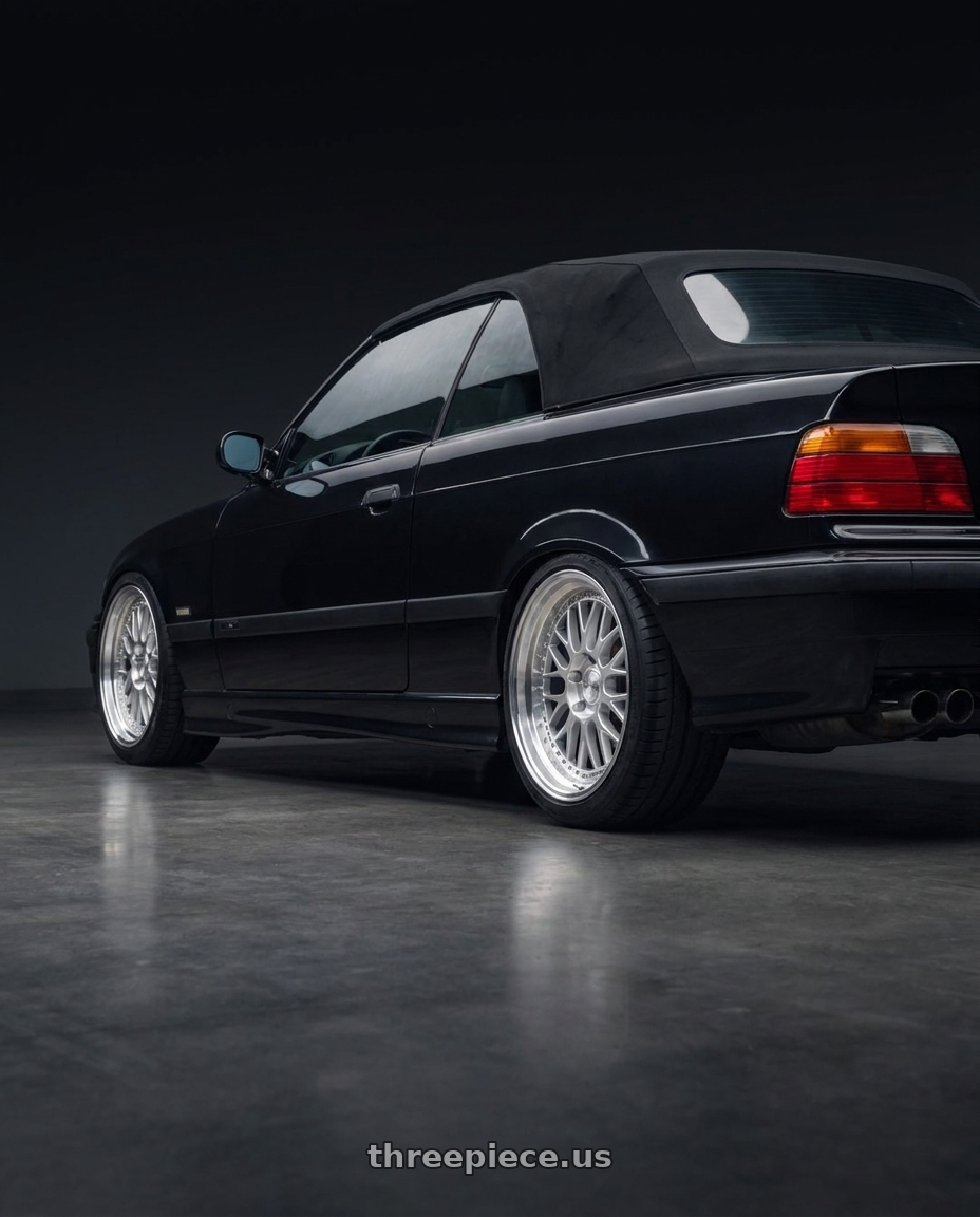 1998 BMW M3 convertible black with ESR Wheels SR SERIES SR01 5x120 18x9.5 +22 Hyper Silver wheels rear three quarter view square tires