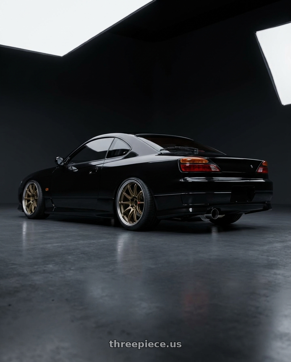2000 Nissan Silvia S15 with Work Zr10 2P 5x114.3 18x9.5 +12 Matte Bronze wheels rear three quarter view slight stretch tires