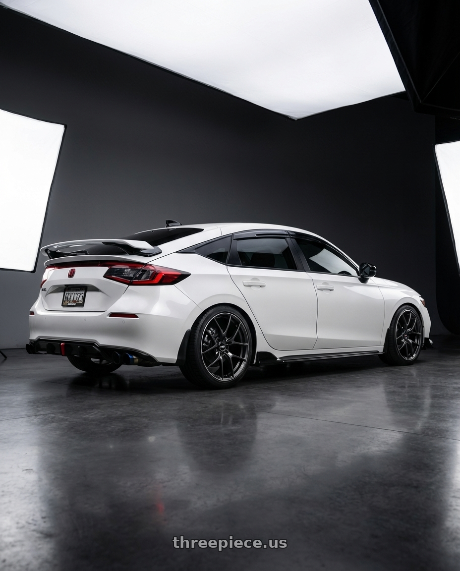 2024 Honda Civic Sports Touring Hatchback with Volk Racing G025 5x114.3 18x9.5+38 Shining Black Metal / Rim Edge DC wheels rear three quarter view square tires