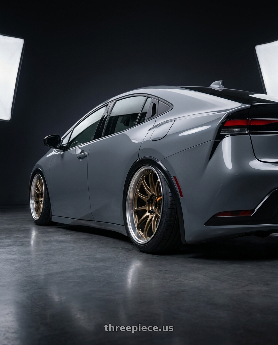 2024 Toyota prius with Work Emotion Zr10 4x100 15x5 +48 Titanium Diamond Lip Cut wheels rear three quarter view extreme stretch tires