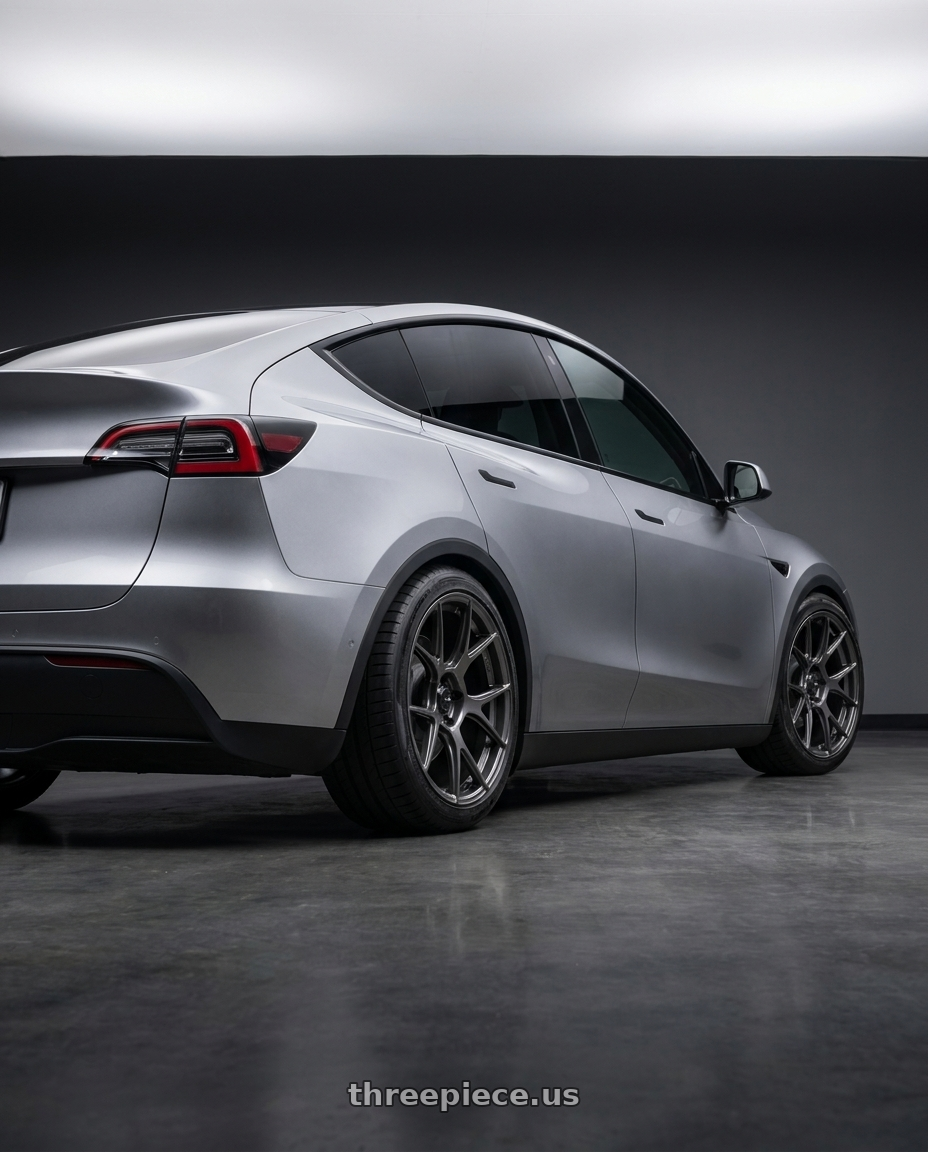 2025 TESLA MODEL Y juniper with Konig Ampliform 5x114.3 20x11+50 Dark Metallic Graphite wheels rear three quarter view slight stretch tires