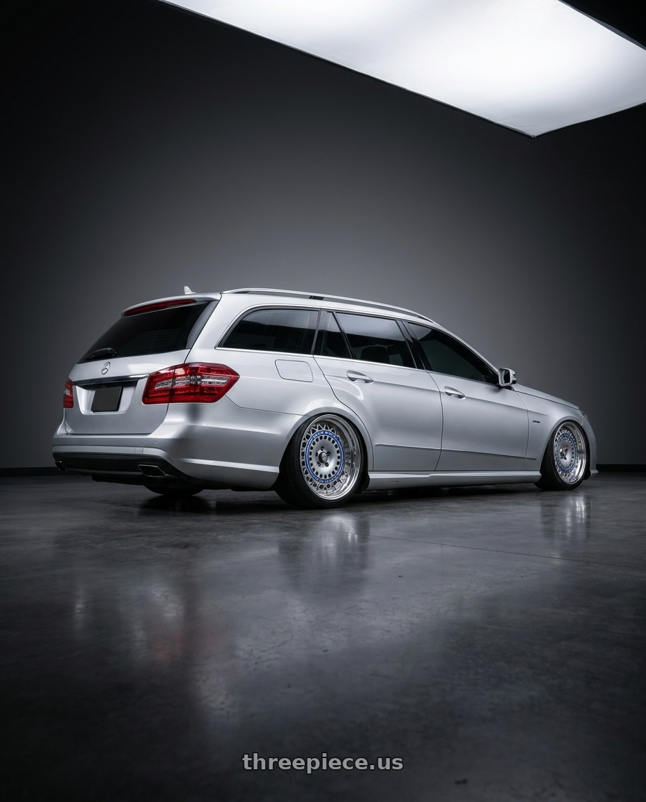 2010 Benz s212 with FORMULA AERO MESH 5X100 18X8.5+35 MD Disk Titan Silver wheels rear three quarter view square tires