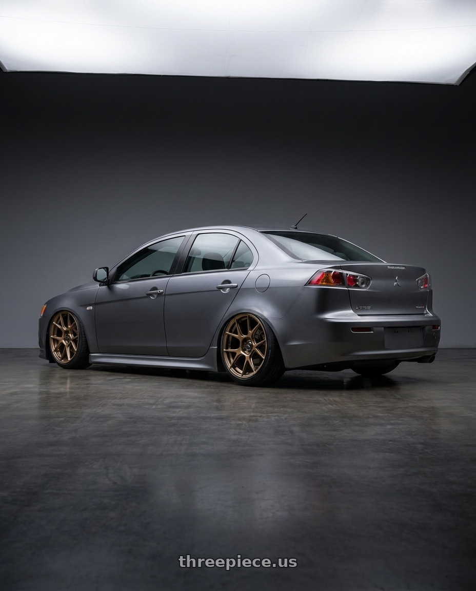 2014 Mitsubishi Lancer Ralliart with Konig Ampliform 5x114.3 18x9.5+35 Gloss Bronze wheels rear three quarter view slight stretch tires