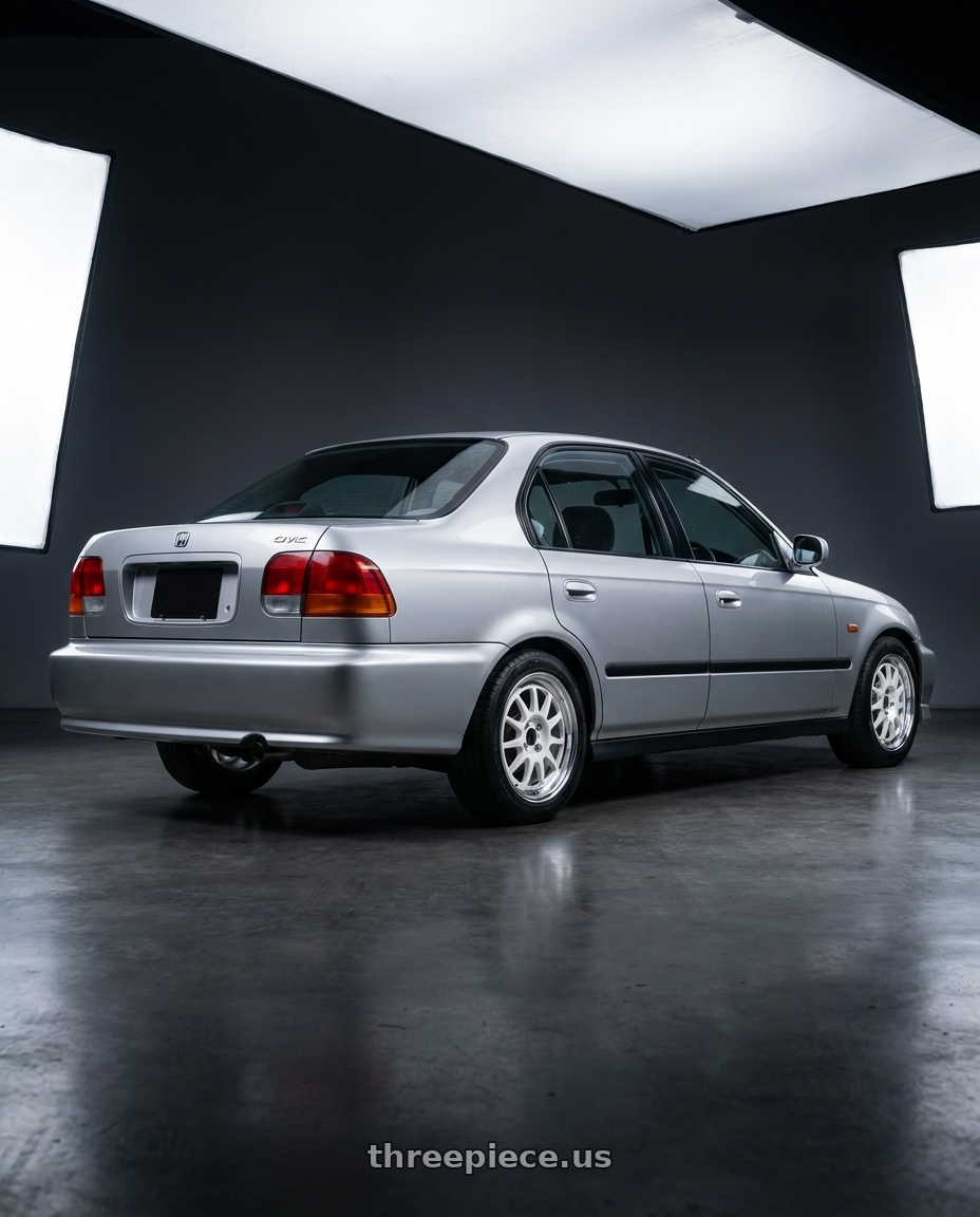 1999 honda civic with WedsSport Racing 2-Piece 4x100 15x7.0+35 White wheels rear three quarter view square tires