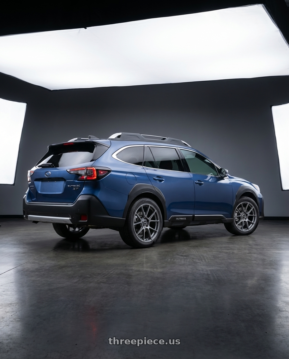 2025 subaru outback touring xt with Enkei TS-V 5x100 18x8+45 Storm Grey wheels rear three quarter view square tires