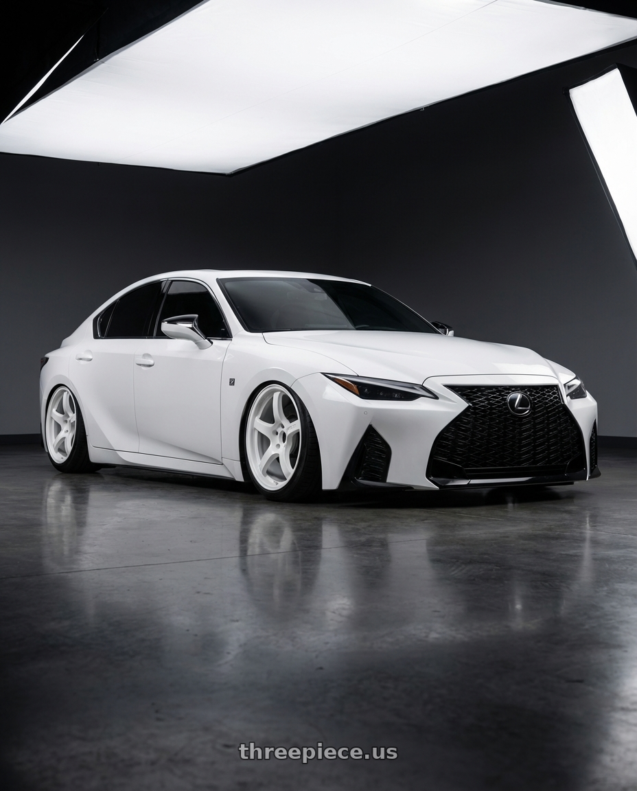 2018 Lexus IS 350 F Sport with Gram Lights 57CR 5x114.3 19x9.5+45 Ceramic Pearl wheels front three quarter view stanced stance