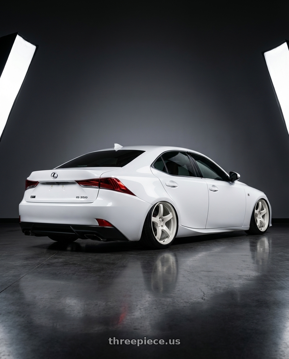 2018 Lexus IS 350 F Sport with Gram Lights 57CR 5x114.3 19x9.5+45 Ceramic Pearl wheels rear three quarter view slight stretch tires