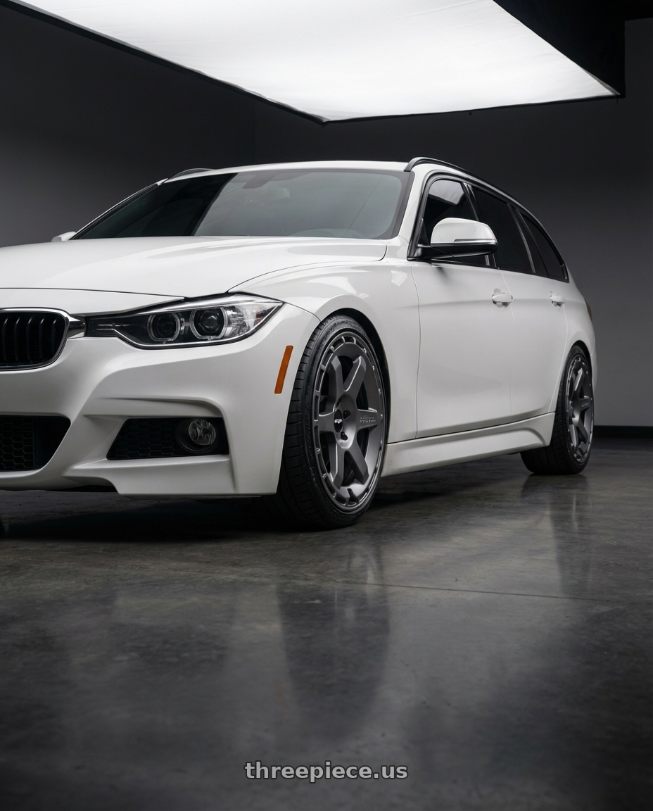 2015 bmw 328d touring m sport  with Rotiform 1PC R185 KB1 5X108 19X8.5 +42 MATTE ANTHRACITE wheels front three quarter view lowered stance