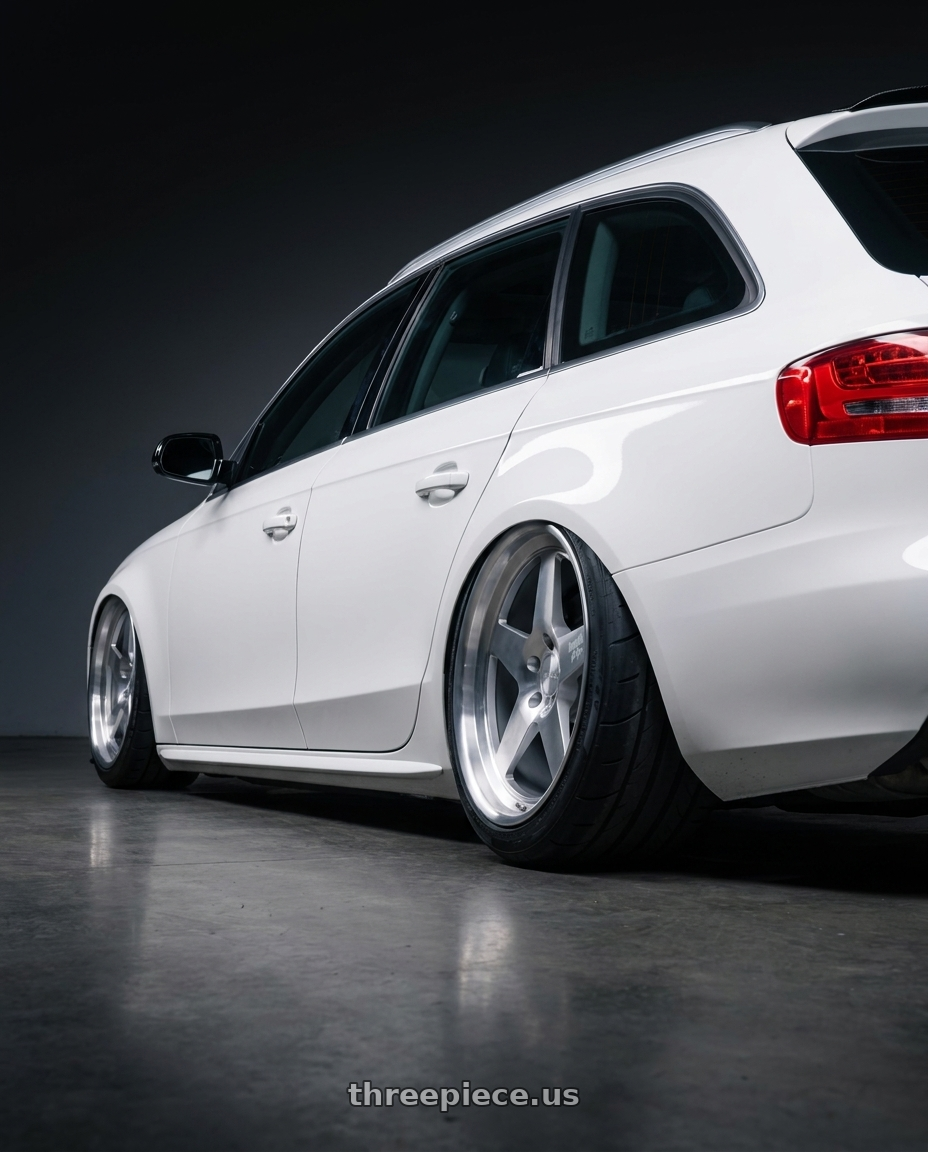 2011 Audi a4 with Klutch SL5 5x112 18x8.5  +35 Silver Machined wheels rear three quarter view excessive tires