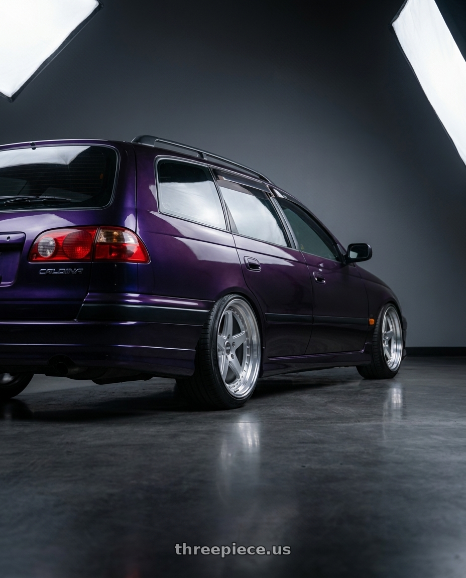 1997 Toyota Caldina with ESR Wheels CS SERIES CS5 5x100 18x8.5 +30 Hyper Silver wheels rear three quarter view slight stretch tires