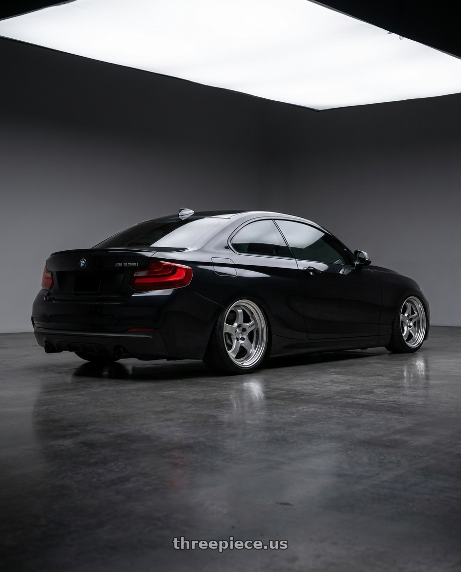 2015 bmw m235i  with Work Meister S1R 5x120 18x8+45 A Disk Feinheit Silver II wheels rear three quarter view slight stretch tires