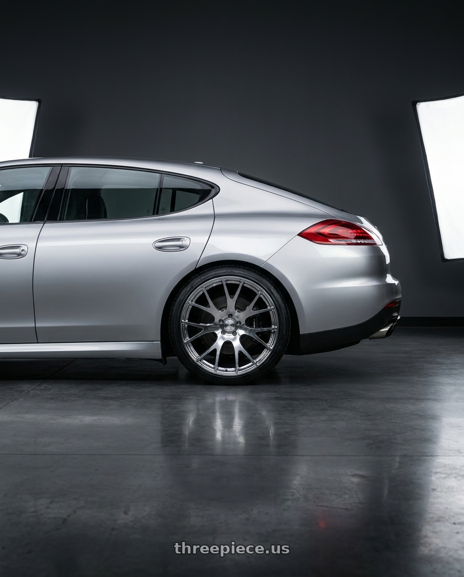 2014 porsche panamera 4 with REPLICA 218 5X115 20x11 +27 CHROME STAGGERED ONLY wheels rear three quarter view square tires