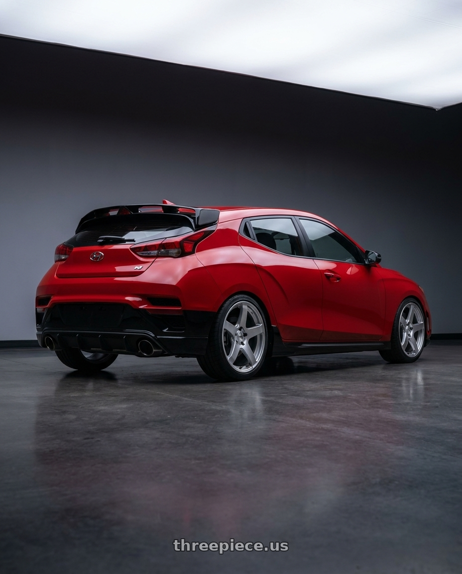2022 Hyundai Veloster N with Ssr Gtv01 5x114.3 19x8.5+38  GLARE SILVER wheels rear three quarter view square tires