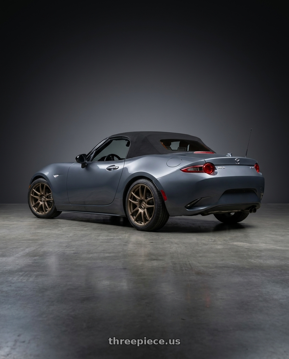 2020 Mazda mx-5 Miata club soft top polymetal grey with Work Emotion Cr Kiwami 4x100 16x6.5 +42 Matte Bronze wheels rear three quarter view square tires