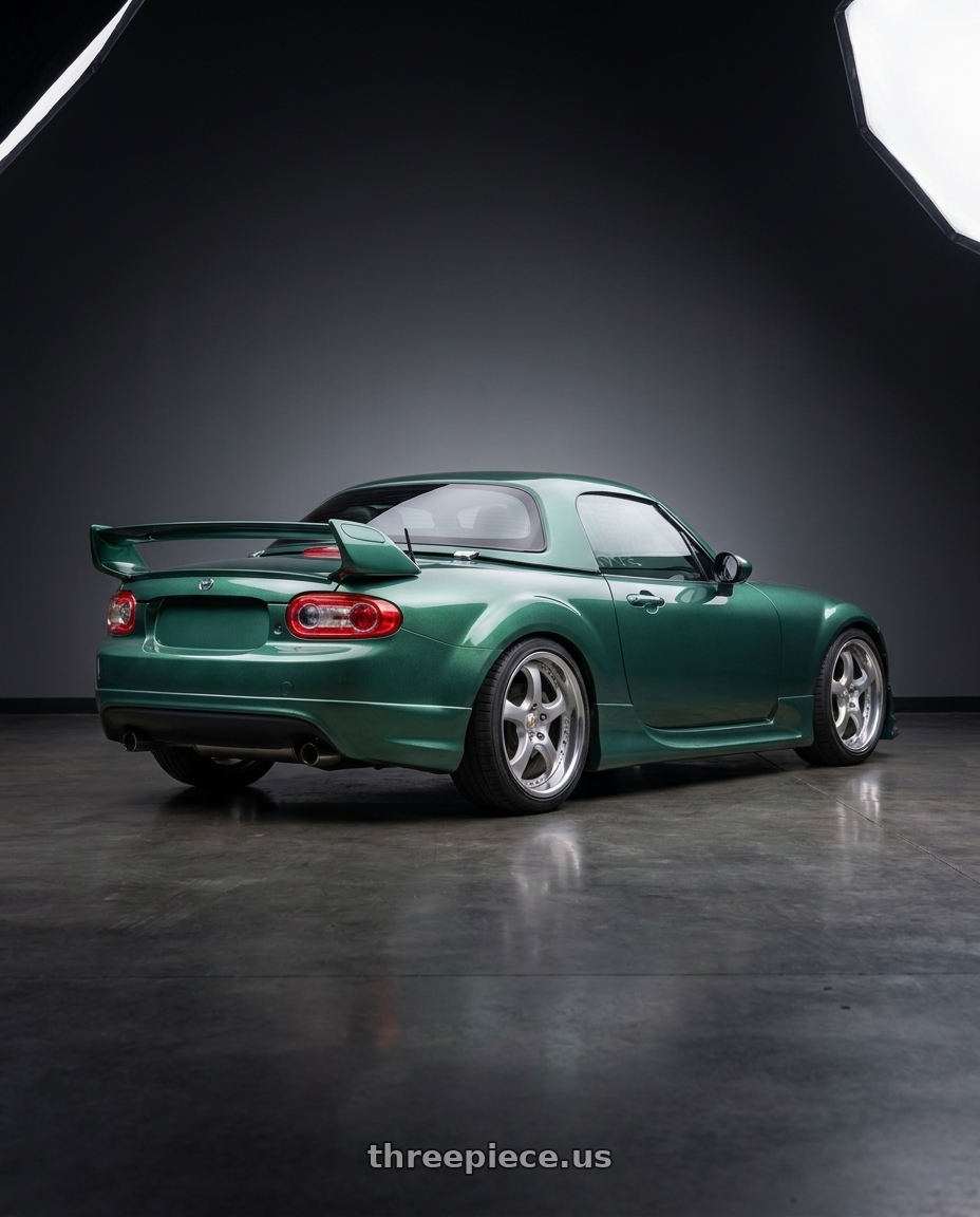 2005 Mazda miata with Work Wheels VS-KF 5x120 18x9.5+59 Light Grey Silver A Disk FULL REVERSE wheels rear three quarter view square tires