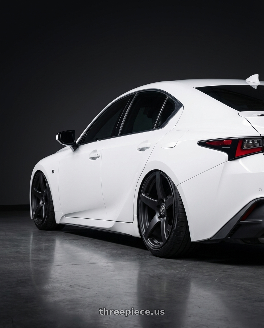2024 Lexus IS 350 with Forgestar CF5 5x114.3 19x10 +42 Satin Black wheels rear three quarter view slight stretch tires