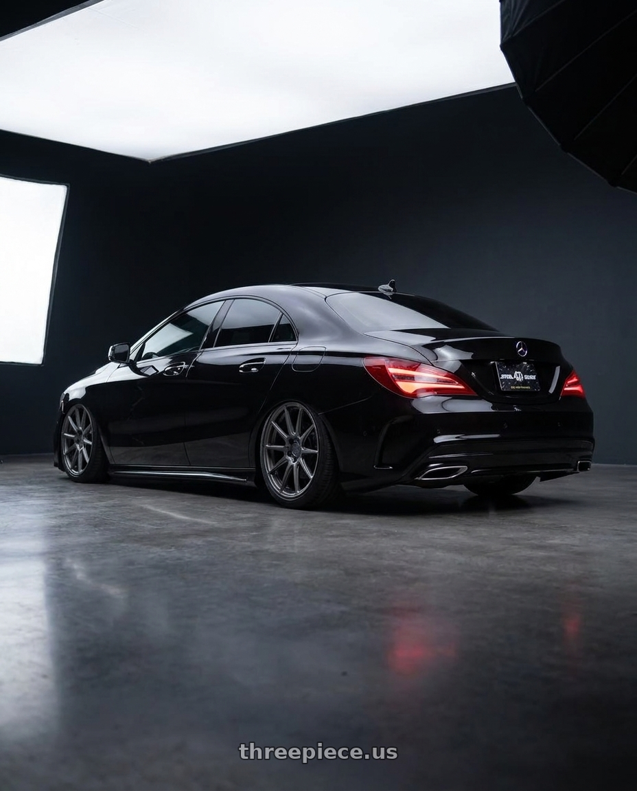 2018 Mercedes-Benz CLA C117 with Aodhan AFF2 5x112 19x8.5+35 Matte Gray wheels rear three quarter view slight stretch tires