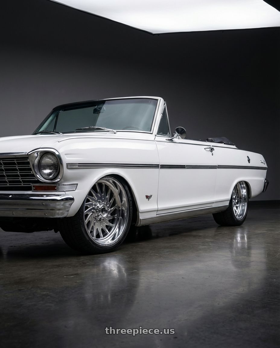 1963 Chevy nova  with Fuel Forged FF110 5x127 20x9 +0 POLISHED wheels front three quarter view slammed stance