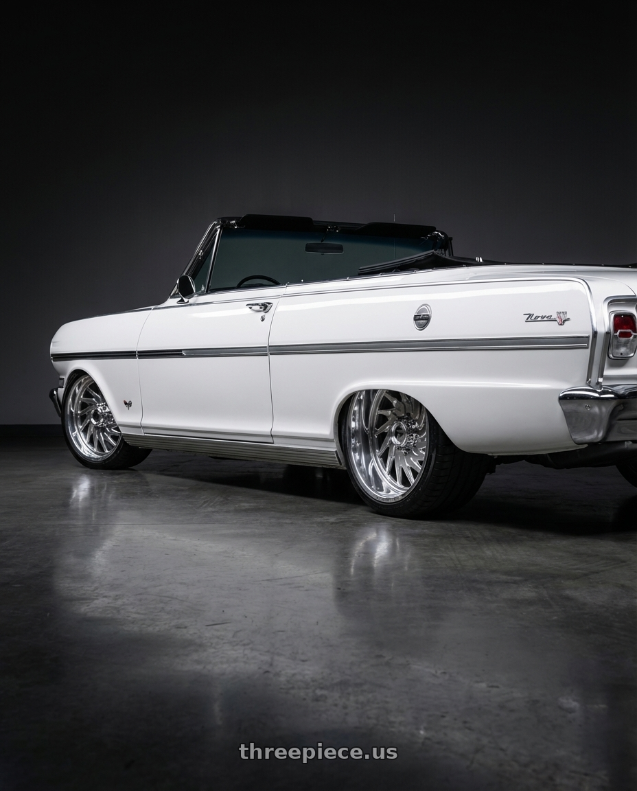 1963 Chevy nova  with Fuel Forged FF110 5x127 20x9 +0 POLISHED wheels rear three quarter view square tires