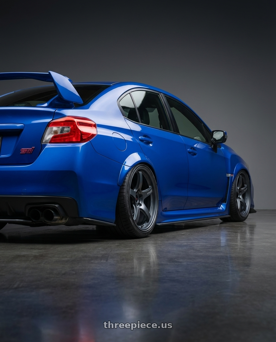 2013 Subaru WRX STI with Gram Lights 57CR 5x114.3 18x9.5+12 Gunblue II wheels rear three quarter view slight stretch tires