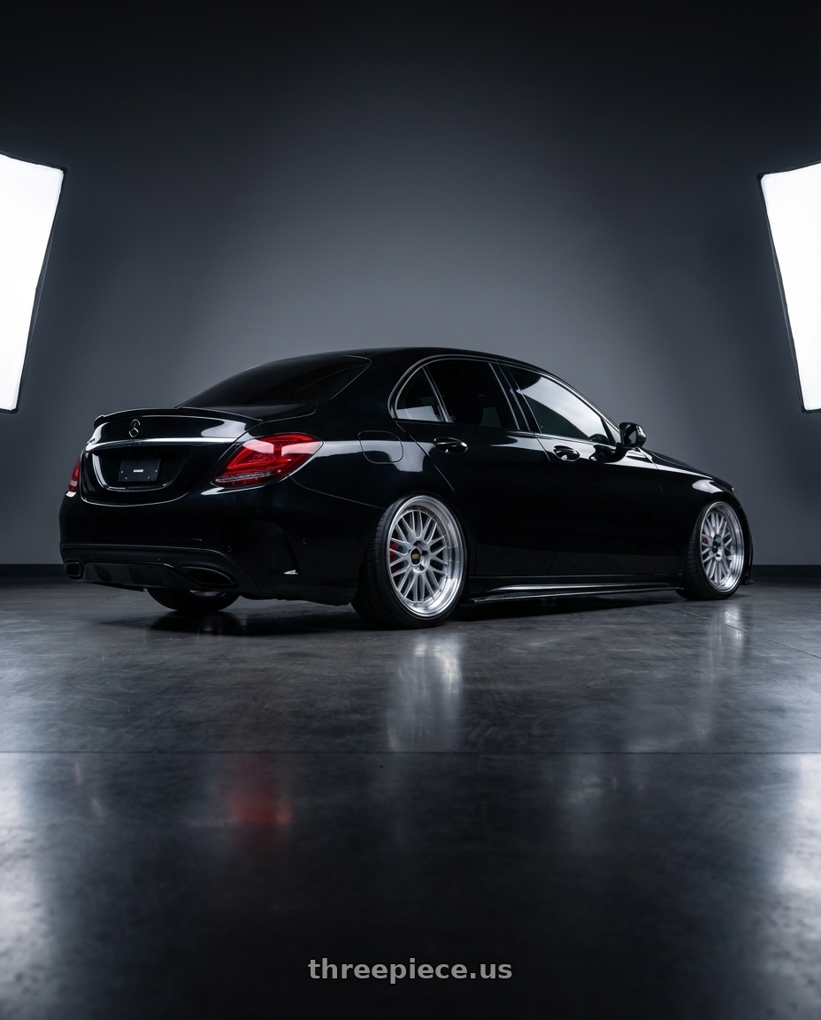 2021 Mercedes Benz C300 Night Edition  with BBS LM 5x112 19x9.0+42 Diamond Silver wheels rear three quarter view slight stretch tires