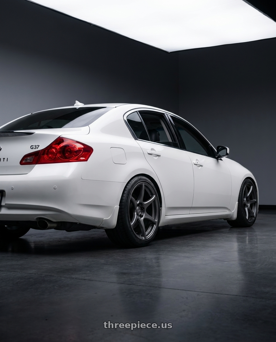 2012 Infiniti G37 with Kansei K11G Tandem 5x114.3 19x9.5 22 Gunmetal wheels rear three quarter view square tires