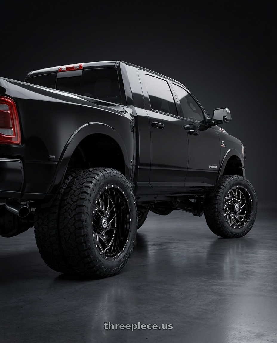 2019 dodge mega cab with XF Dually XF-229 Dually 8x210 24x8.25 +110 Gloss Black & Milled wheels rear three quarter view meaty tires
