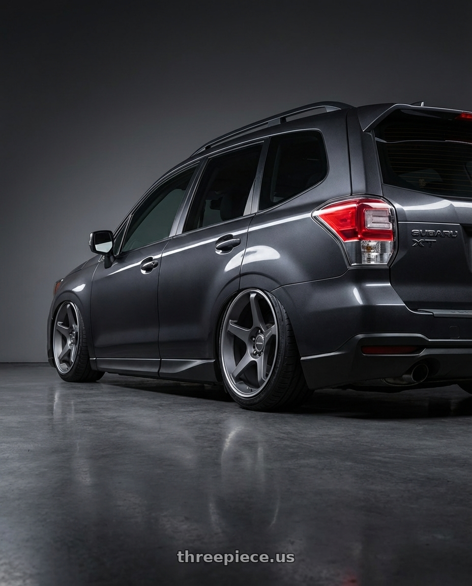 2017 Subaru Forester XT Dark Metallic Grey with Motegi MR159 BATTLE V 5X100 18x9.5 +38 GUNZILLA W/ MACHINED LIP STRIPE wheels rear three quarter view slight stretch tires