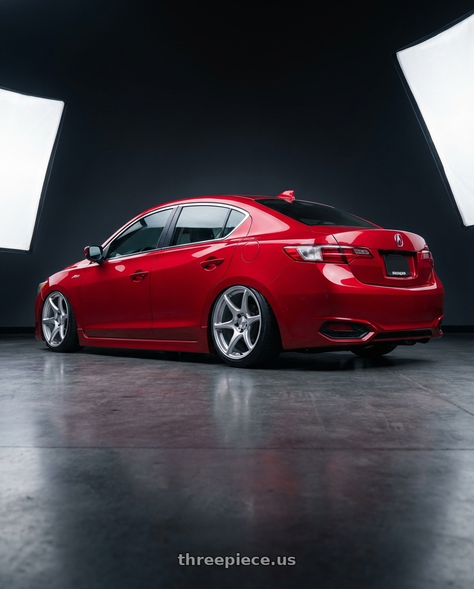 2012 Acura ILX with Kansei K11S Tandem 5x114.3 18x9 12 Hyper Silver wheels rear three quarter view slight stretch tires