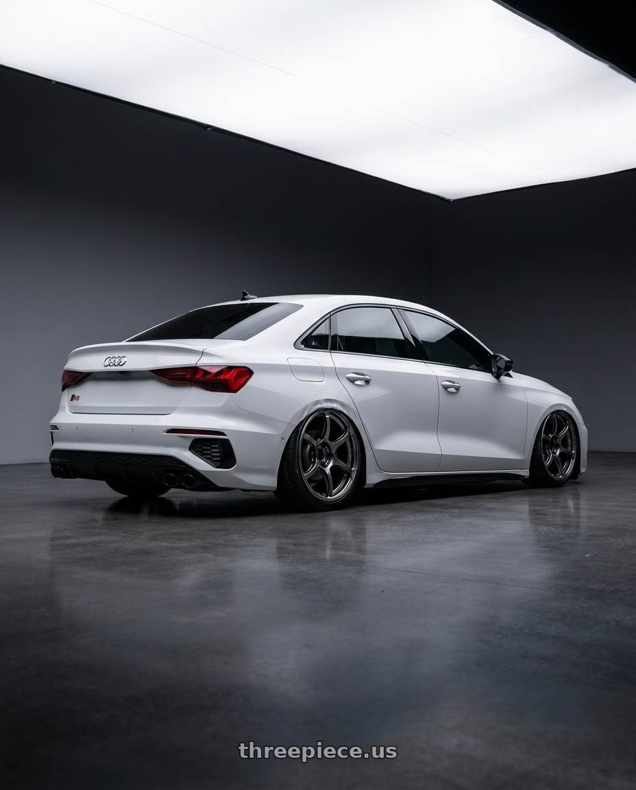 2024 Audi S3 8Y with Advan RGIII 5x112 19x8.5+45 Gloss Black wheels rear three quarter view slight stretch tires