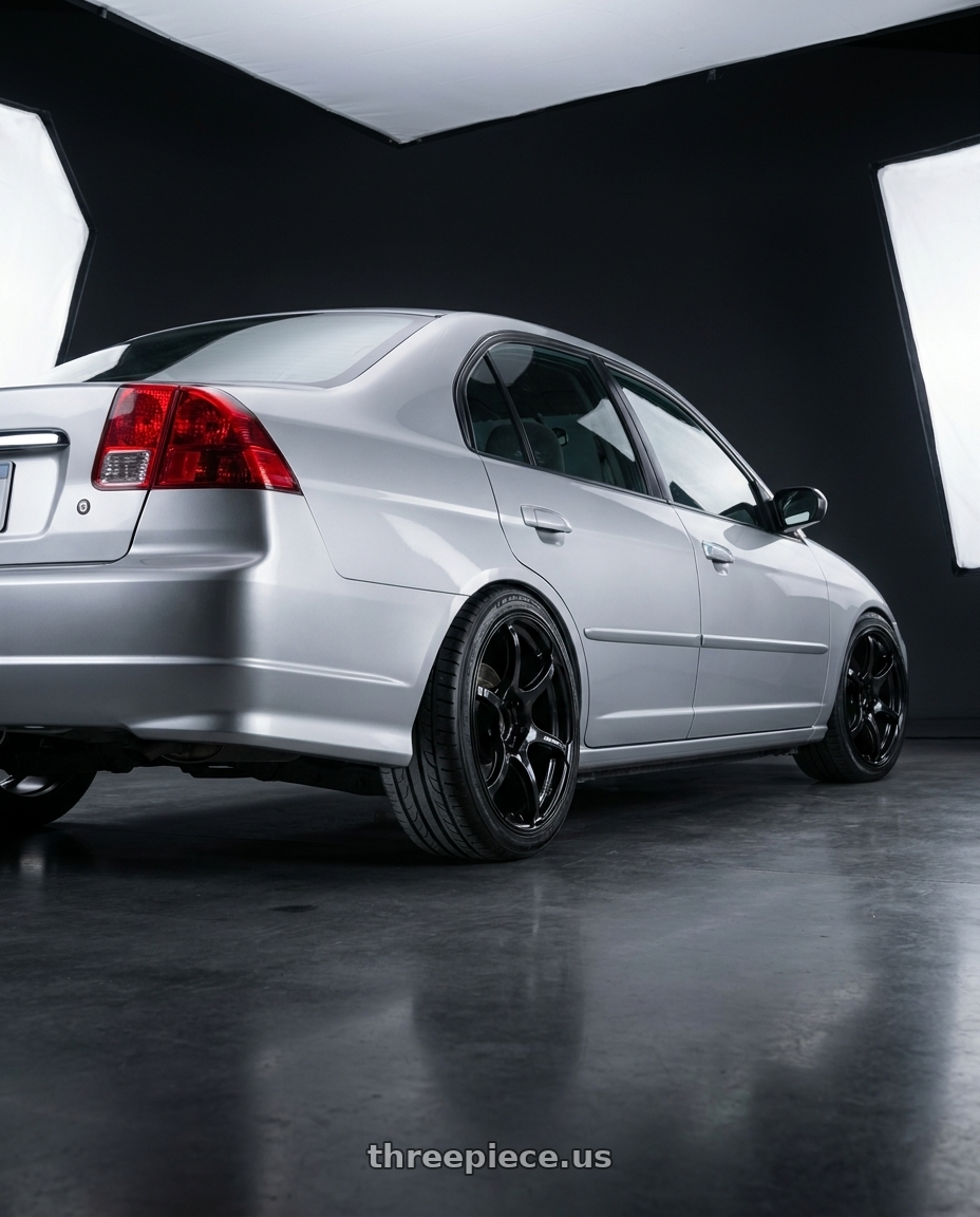 2002 Civic Sedan Silver with Advan RGIII 4x100 18x7.0+42 Gloss Black wheels rear three quarter view square tires
