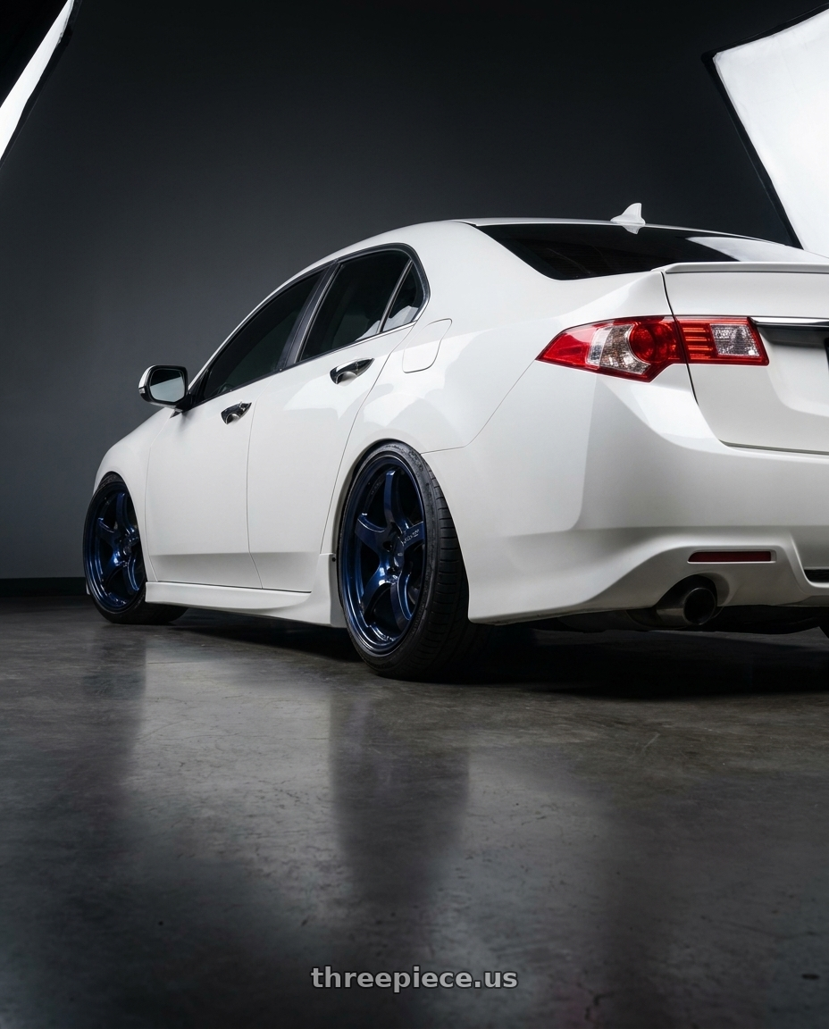 2013 Acura TSX with Gram Lights 57CR 5x114.3 18x9.5+12 Eternal Blue Pearl wheels rear three quarter view slight stretch tires