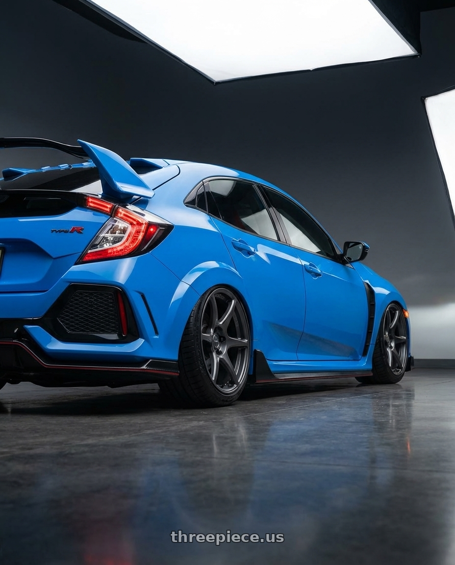 2020 Honda Civic Type R with Kansei K11G Tandem 5X120 19x9.5 22 Gunmetal wheels rear three quarter view slight stretch tires