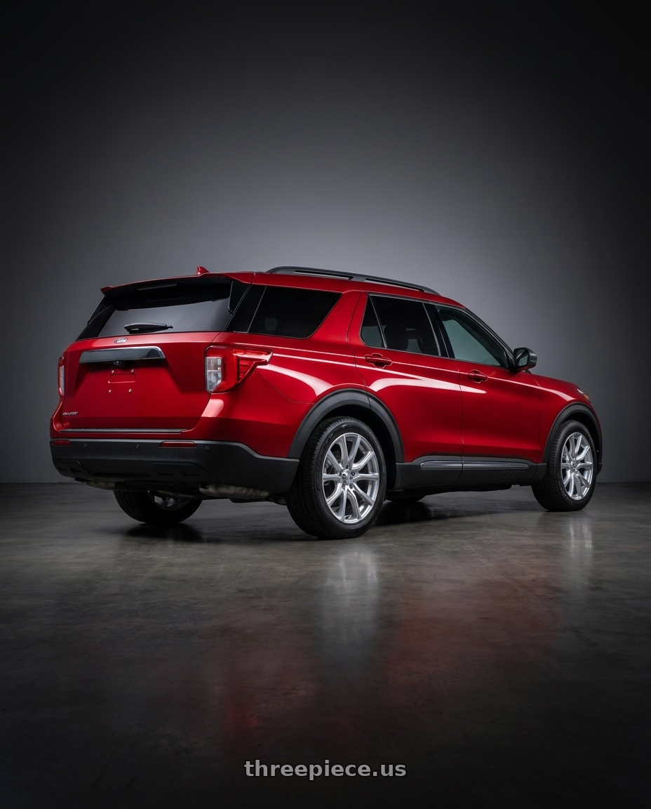 2026 ford explorer with RTX Contour 5x114.3 18x8 +42 Silver wheels rear three quarter view square tires