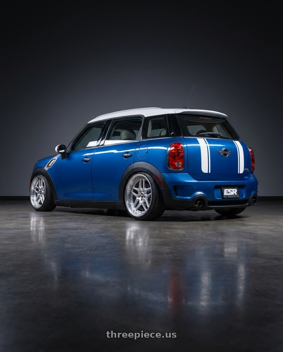 2012 Mini Countryman with ESR Wheels CS SERIES CS15 5x108 19x10.5 +22 Hyper Silver wheels rear three quarter view slight stretch tires