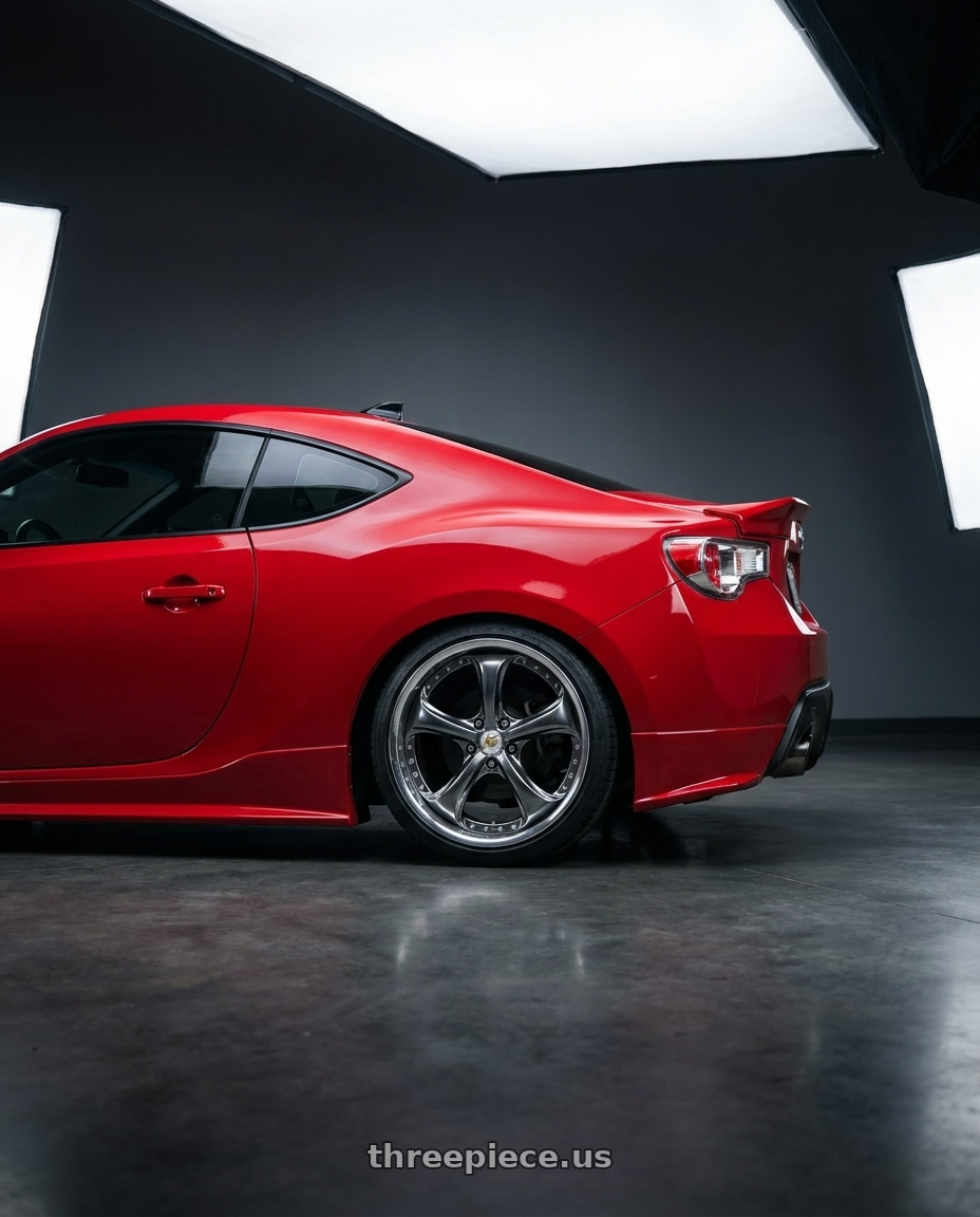 2013 scion frs with Work Wheels VS-KF 5X114.3 19x9+53 Brilliant Silver Black A Disk FULL REVERSE wheels rear three quarter view square tires