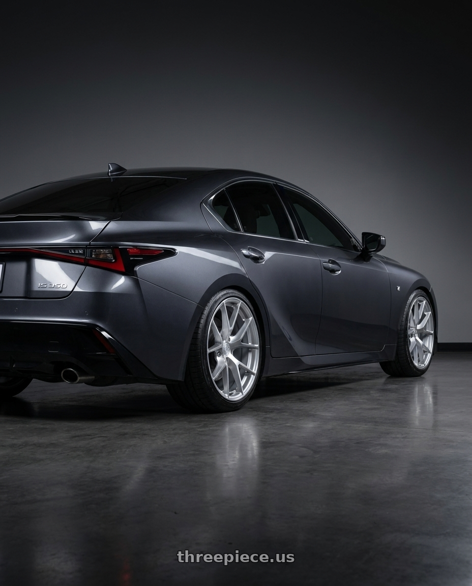 2023 is 350 f sport  with Aodhan AFF7 5x114.3 19x8.5+35 Gloss Silver Machined Face wheels rear three quarter view square tires