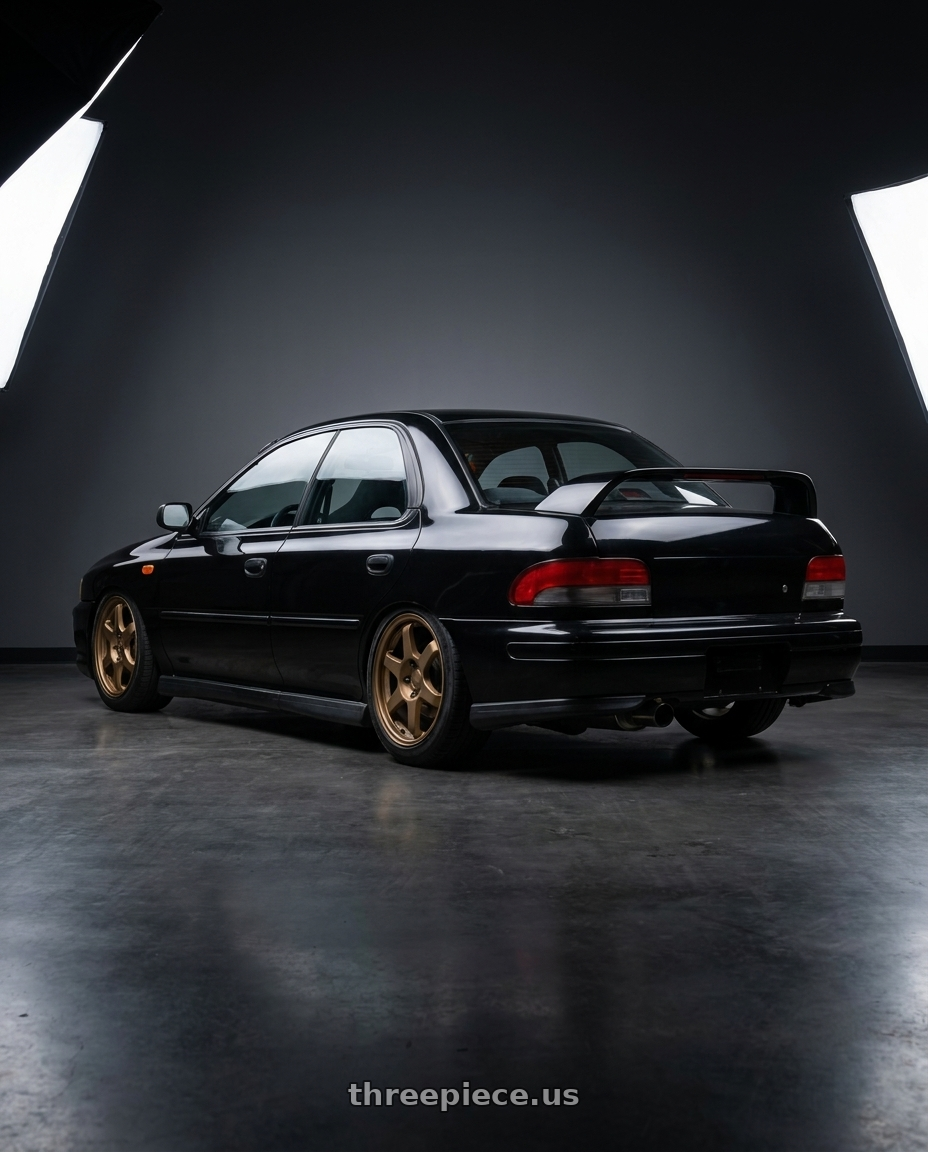 1998 Subaru Impreza GC8 with 9six9 SIX-1 5x100 17X8 +35 Matte Bronze wheels rear three quarter view slight stretch tires