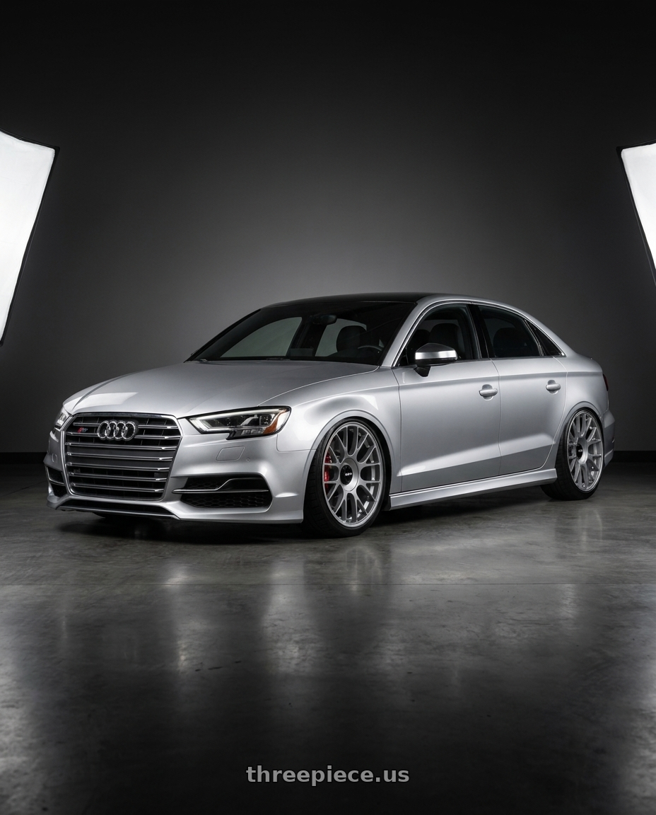 2016 Audi S3 with Rotiform TUF-R 5x112 18x9.5 +35 Satin Silver wheels front three quarter view lowered stance