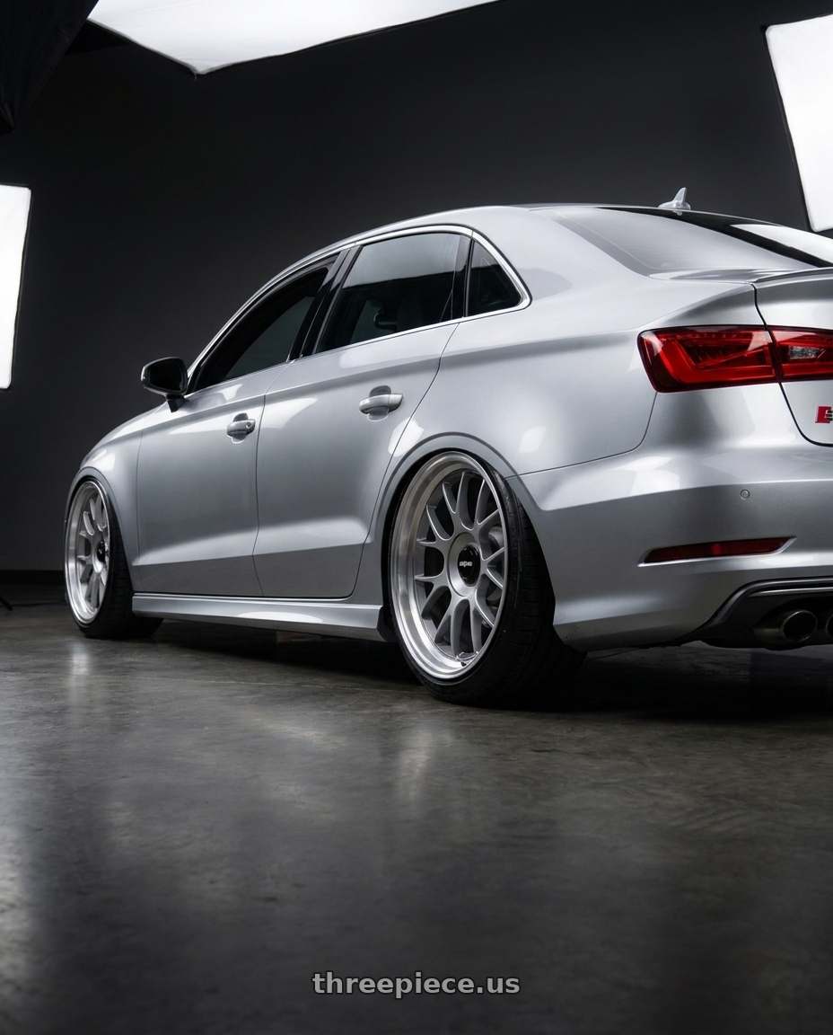 2016 Audi S3 with Rotiform TUF-R 5x112 18x9.5 +35 Satin Silver wheels rear three quarter view extreme stretch tires