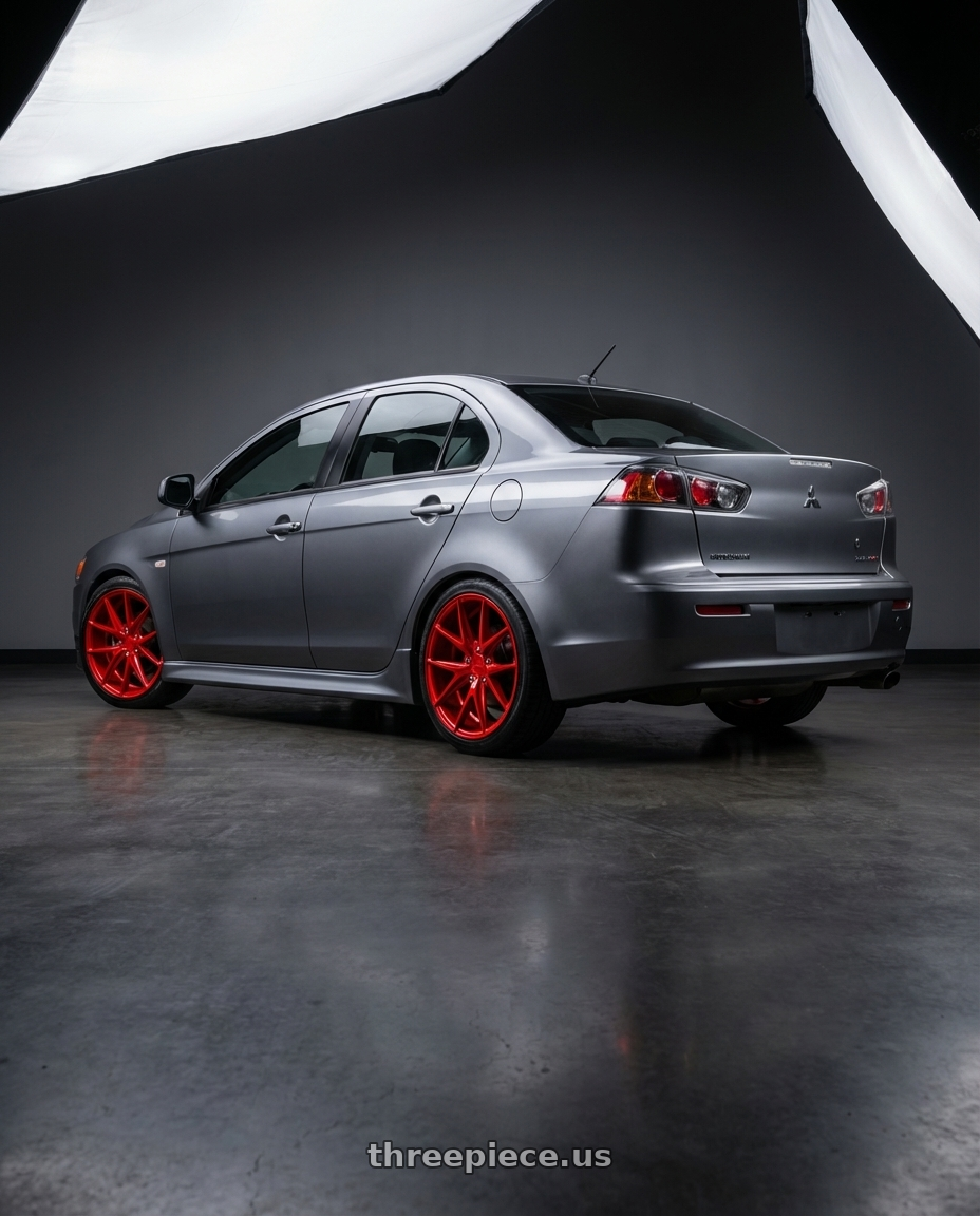 2014 Mitsubishi Lancer Ralliart with Niche 1PC M186 MISANO 5X114.3 18X8 +40 CANDY RED wheels rear three quarter view square tires