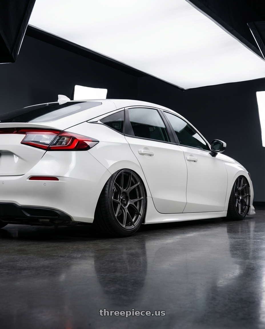 2024 Honda Civic with Konig Ampliform 5x114.3 19x9.5+25 Dark Metallic Graphite wheels rear three quarter view slight stretch tires