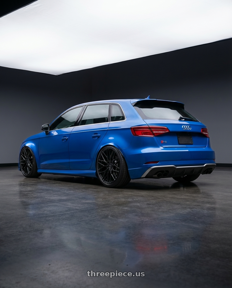 2019 Audi S3 8V with Avant Garde Wheels M520R 5X112 19x9.5 +40 Gloss Black wheels rear three quarter view slight stretch tires