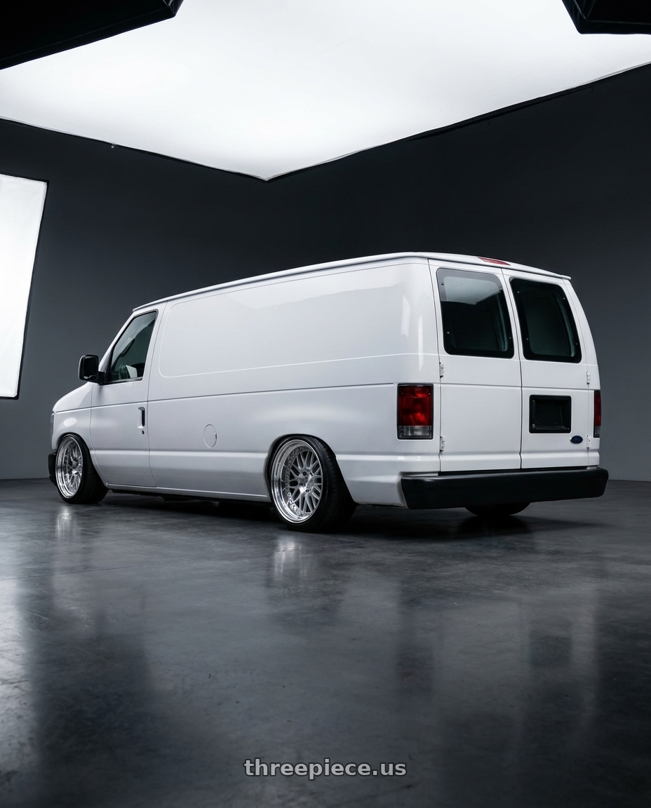 2010 Ford e 450 with Ns Wheels NS-MDV2 5x100 16x9.5 +0 Silver with Machined Lip wheels rear three quarter view slight stretch tires